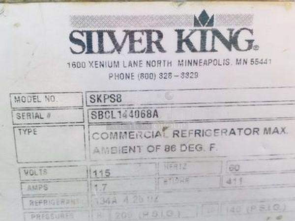 SWEET! SKPS8 Silver King Refrigerated Countertop Prep Unit - TESTED, TURNS ON! Quickly Gets Down to and HOLDS TEMP  The SKPS8 Refrigerated Countertop Prep Unit, has a self-contained refrigeration system, holds (8) 1/6 size pans (no pans included), stainless steel interior and exterior, removable & reversible stainless steel cover, adjustable temperature control, on/off switch, 1/8 HP, ETL Safety, ETL Sanitation. +33°F to +41°F. 43" x 16-1/2"x10". 7' cord. 1⁄8 HP.  115v 60Hz 1.7A  Cord Needs to be replaced. - Image 2 of 6