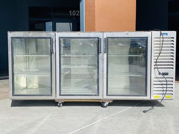 STEAL!! LIKE NEW! Krowne Refrigerated Back Bar. Model BS84R-KNB-LLR 115V, 60Hz, 1Ph, 9A. Removed from the SLS. Used Briefly. 84x24x35 Features 35" high without top, 24" front to back depth All stainless steel, coved corner interior with LED lighting Digital Thermostat Sideblow refrigeration (36", 60", 84") High performance refrigeration system Expansion valve with 134A refrigerant Operating range of 30°F - 40°F (Preset at 35°F) Heavy duty 18-gauge door jambs NSF epoxy coated durable shelves. One bottom and two adjustable shelves per door. Easy to service and clean NEMA 5-15P Plug Configuration    **Due to EPA Regulations the SLS Casino requires freon to be removed from equipment before it is allowed to leave the property.** - Image 1 of 7