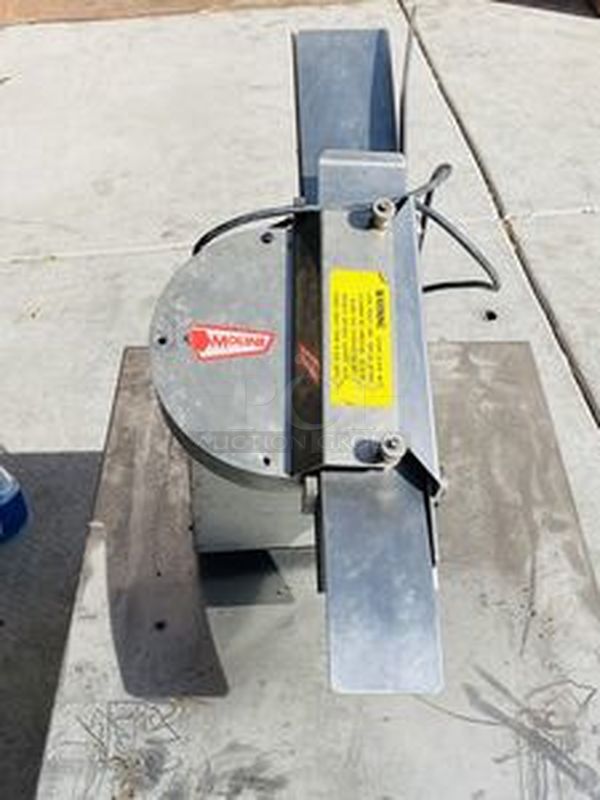 Moline Model 260 Commercial Bun and Bagel Slicer. Countertop/Tabletop Installation. NSF. Heavyweight Stainless Food Contact Areas. Full or partial slicing adjustability. Excellent operating condition.  115 Volts 1 Phase 60Hz 11x29x21