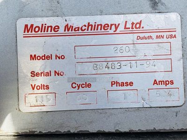 Moline Model 260 Commercial Bun and Bagel Slicer. Countertop/Tabletop Installation. NSF. Heavyweight Stainless Food Contact Areas. Full or partial slicing adjustability. Excellent operating condition.  115 Volts 1 Phase 60Hz 11x29x21 - Image 5 of 5