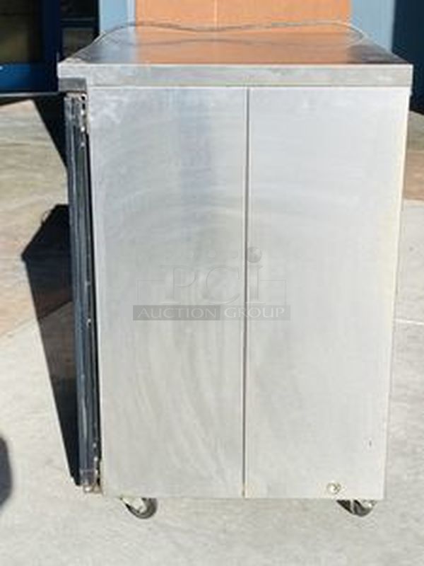 Perlick BS32 One-section Refrigerated Backbar Storage Cabinet Commercial Casters.Tested. Turns on, Gets Down to and Hold Temperature. Single sectionBlack pre-coat solid doorStainless steel interior & exterior cabinetInterior lights centered above doorVinyl coated shelves1/6 hp, 115vNSF#7 packaged food approved, Energy Star rated for all door types. NSF & UL certifiedDepth : 24.75Height : 34.5Width : 32 - Image 2 of 7