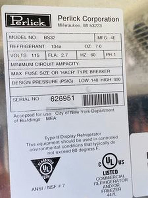 Perlick BS32 One-section Refrigerated Backbar Storage Cabinet Commercial Casters.Tested. Turns on, Gets Down to and Hold Temperature. Single sectionBlack pre-coat solid doorStainless steel interior & exterior cabinetInterior lights centered above doorVinyl coated shelves1/6 hp, 115vNSF#7 packaged food approved, Energy Star rated for all door types. NSF & UL certifiedDepth : 24.75Height : 34.5Width : 32 - Image 7 of 7