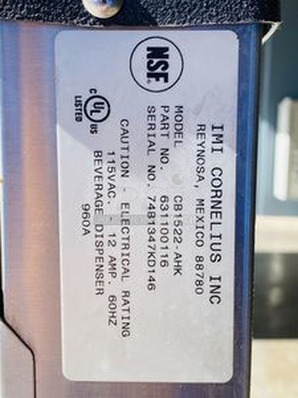 IMI Cornelius Model CB1522-AHK 6 Head Soda Fountain with Cold Plate, Ice Bin and, Carbonator.

17x25x62-1/2 - Image 2 of 7