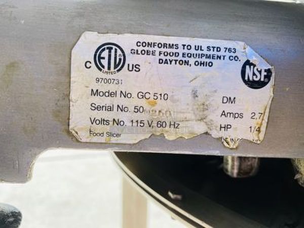 Globe Chefmate GC510 - 10” Compact Manual Slicer with Industrial Pedastal 

GC510: 1/4HP,115-60-1,2.7amps
Overall Length = 22” (56cm) Overall Width = 16” (41cm) Overall Height = 15” (38cm)
Tested. Turns On. Works - Image 5 of 5