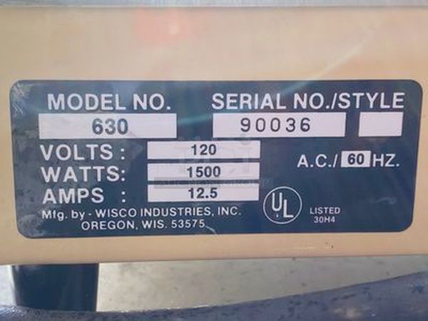 NEW! Wisco Anchor Pizza Capper, Deli-Wrapper Model 630 - Tested Works Perfect!

Dimensions	12"W x 12"D x 7"H
Volts	120
Amps	12.5
Watts	1150 - Image 3 of 6