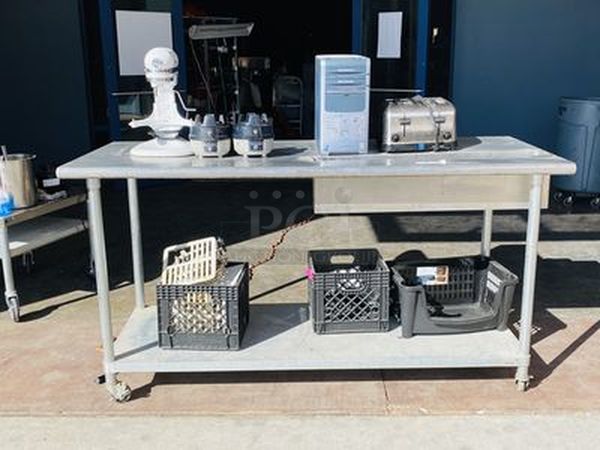 COMBO LOT! Includes: Waring WTC 708 Commercial 4 Slice Toaster, Kitchen-Aid KSMC505 Countertop Mixer, HP Computer Tower, (2) Hamilton Bay Blender Bases, Grates, Storage Bins and Prep Table on Commercial Casters with Drop In Ice Bin 60x30x37-3/4 - Image 1 of 10