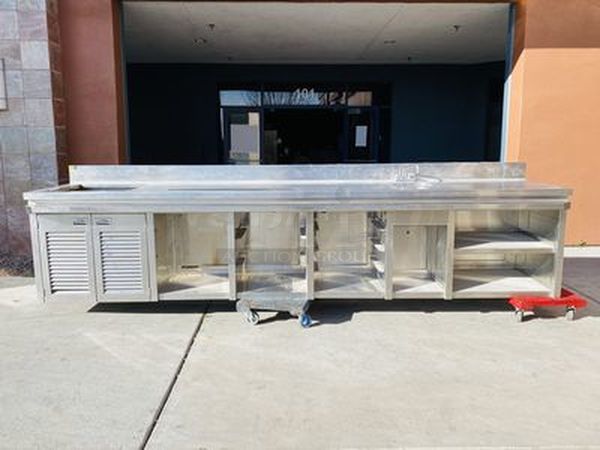 STEAL! Removed from the SLS, Stainless Steel Custom Waitress Station with Soda Cabinet, Counter top Work Space Setup for Coffee Makers with Skuttle Rail, Can Rack Storage, Removable Back for Easy Access, Sink and Counter Storage with 6" Backsplash.

150x34x38  - Image 1 of 11
