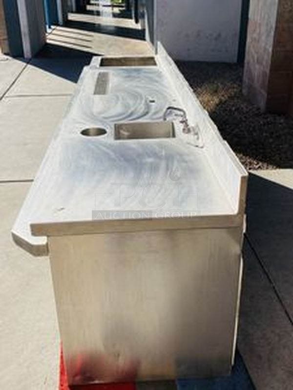 STEAL! Removed from the SLS, Stainless Steel Custom Waitress Station with Soda Cabinet, Counter top Work Space Setup for Coffee Makers with Skuttle Rail, Can Rack Storage, Removable Back for Easy Access, Sink and Counter Storage with 6" Backsplash.

150x34x38  - Image 3 of 11