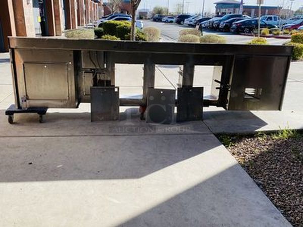 STEAL! Removed from the SLS, Stainless Steel Custom Waitress Station with Soda Cabinet, Counter top Work Space Setup for Coffee Makers with Skuttle Rail, Can Rack Storage, Removable Back for Easy Access, Sink and Counter Storage with 6" Backsplash.

150x34x38  - Image 4 of 11