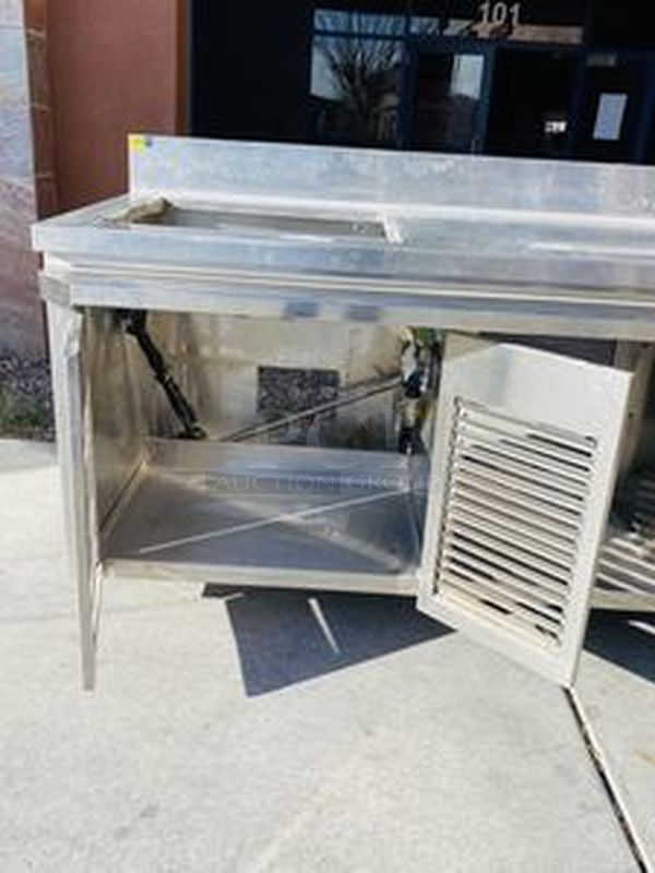 STEAL! Removed from the SLS, Stainless Steel Custom Waitress Station with Soda Cabinet, Counter top Work Space Setup for Coffee Makers with Skuttle Rail, Can Rack Storage, Removable Back for Easy Access, Sink and Counter Storage with 6" Backsplash.

150x34x38  - Image 5 of 11