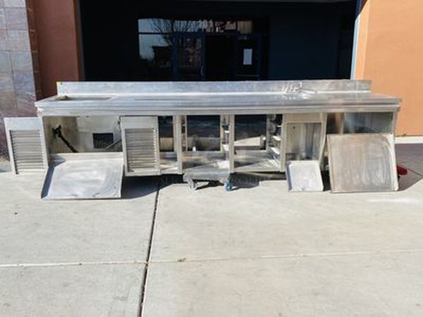 STEAL! Removed from the SLS, Stainless Steel Custom Waitress Station with Soda Cabinet, Counter top Work Space Setup for Coffee Makers with Skuttle Rail, Can Rack Storage, Removable Back for Easy Access, Sink and Counter Storage with 6" Backsplash.

150x34x38  - Image 7 of 11