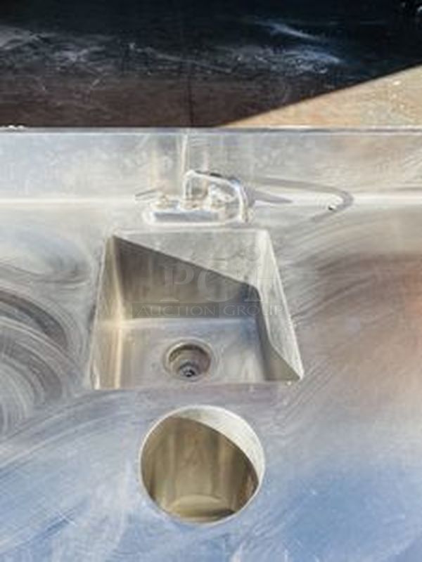 STEAL! Removed from the SLS, Stainless Steel Custom Waitress Station with Soda Cabinet, Counter top Work Space Setup for Coffee Makers with Skuttle Rail, Can Rack Storage, Removable Back for Easy Access, Sink and Counter Storage with 6" Backsplash.

150x34x38  - Image 8 of 11