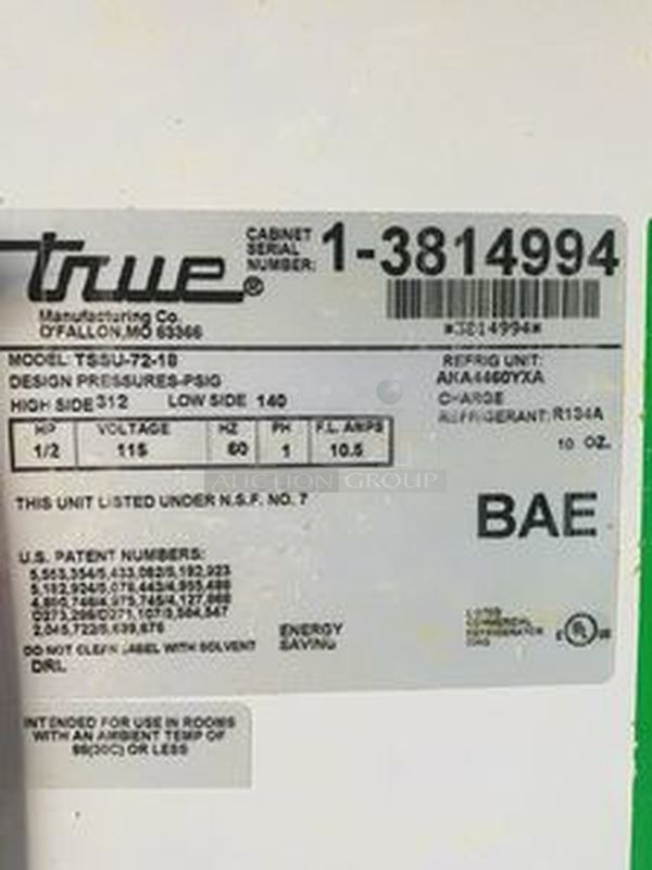 SWEET! True Model: TSSU-72-18. 72" Sandwich/Salad Prep Table w/ Refrigerated Base. On Commercial Casters. 115V 60Hz 1PH 10.5Amps.  72x30x43  Tested. Turns on. Blows Cool Air - Image 4 of 10