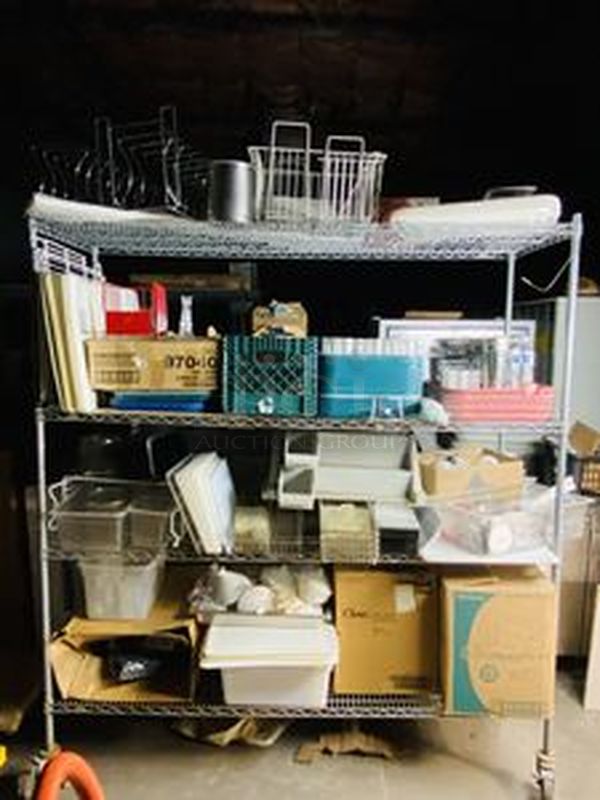 BONUS LOT! This Lot Consists of A 4 Shelf Wire Rack on Commercial Casters, Full Stocked with New and Used Restaurant Equipment and Supplies. Easily Worth over $2,000.00  Rack is 80