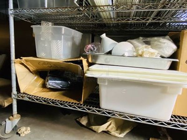 BONUS LOT! This Lot Consists of A 4 Shelf Wire Rack on Commercial Casters, Full Stocked with New and Used Restaurant Equipment and Supplies. Easily Worth over $2,000.00  Rack is 80" Tall, on Comercial Casters, With (4) 72"x24" Shelves. - Image 4 of 12
