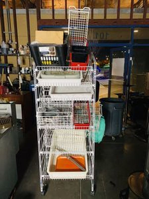 LOADED! Wire Merchandiser on Commerical Casters Jammed Full of Everything A Kitchen Can Need From A 20 Quart Dough Hook, Commercial Can Opener to Dough Proofers, A Case of Sternos, Trays and Storage! - Image 1 of 12