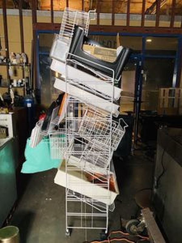 LOADED! Wire Merchandiser on Commerical Casters Jammed Full of Everything A Kitchen Can Need From A 20 Quart Dough Hook, Commercial Can Opener to Dough Proofers, A Case of Sternos, Trays and Storage! - Image 2 of 12