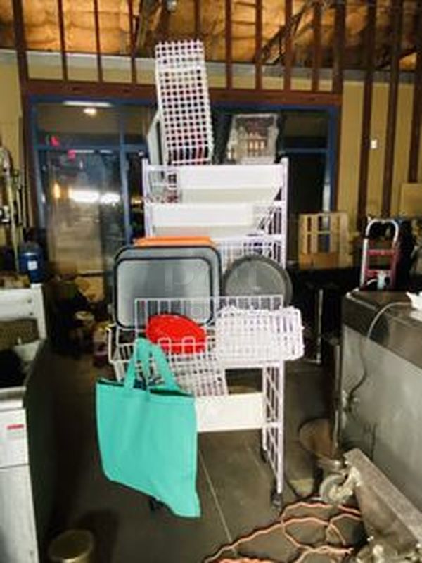 LOADED! Wire Merchandiser on Commerical Casters Jammed Full of Everything A Kitchen Can Need From A 20 Quart Dough Hook, Commercial Can Opener to Dough Proofers, A Case of Sternos, Trays and Storage! - Image 3 of 12