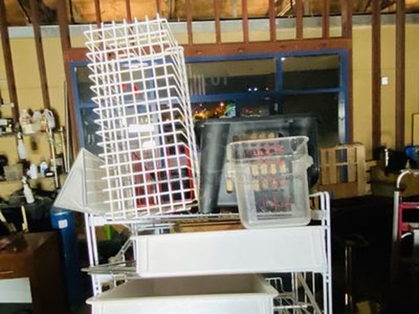 LOADED! Wire Merchandiser on Commerical Casters Jammed Full of Everything A Kitchen Can Need From A 20 Quart Dough Hook, Commercial Can Opener to Dough Proofers, A Case of Sternos, Trays and Storage! - Image 6 of 12