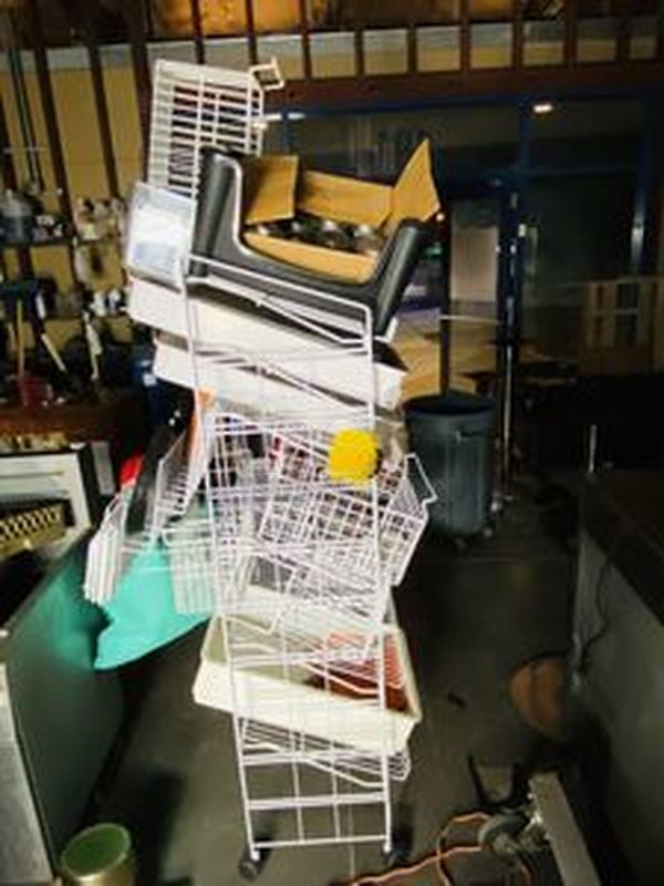 LOADED! Wire Merchandiser on Commerical Casters Jammed Full of Everything A Kitchen Can Need From A 20 Quart Dough Hook, Commercial Can Opener to Dough Proofers, A Case of Sternos, Trays and Storage! - Image 7 of 12