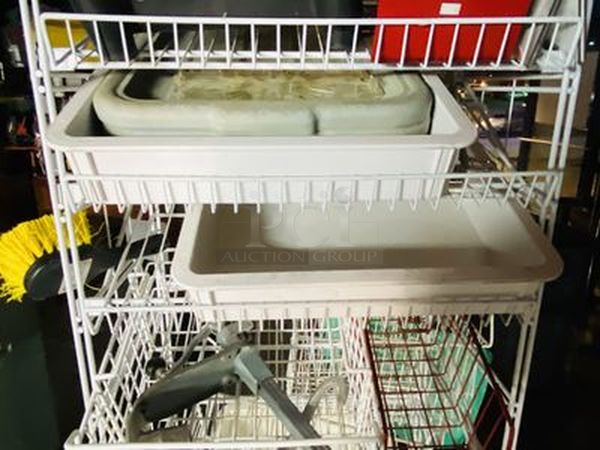 LOADED! Wire Merchandiser on Commerical Casters Jammed Full of Everything A Kitchen Can Need From A 20 Quart Dough Hook, Commercial Can Opener to Dough Proofers, A Case of Sternos, Trays and Storage! - Image 10 of 12