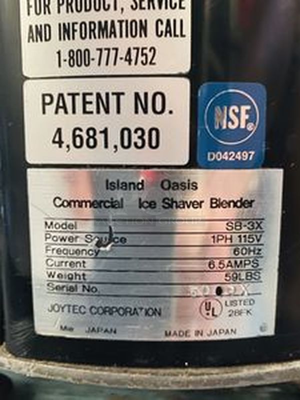 AWESOME! Island Oasis SB-3X Ice Shaver-Blender Has an Output of 15 Gallons/Hr. 1-16oz. drink/30sec. Holds Up To 10Lbs of Ice 115V Power / 6.7 AMP Grounded Outlet.   Shaver-Blender/9sec. Cycle Time Portion Control Ice 1,2, or 3 Drinks  14” wide x 16” deep x 27” high. Weighs approximately 60 pounds - Image 3 of 6