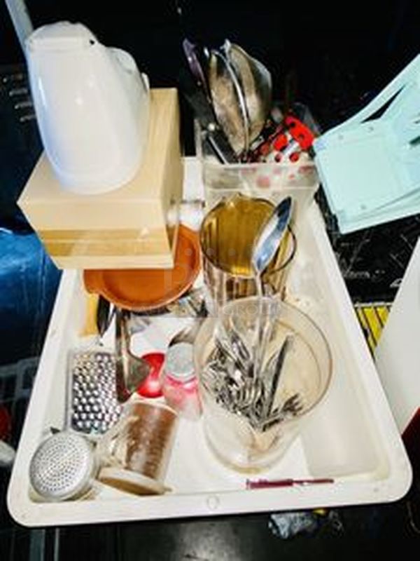 STACKED!! 3 Wide Shelves Loaded with New Libbey 6-1/2oz Wine Glasses, Hand-Free Paper Towel Dispenser, 7 New ULINE Foam Soap Dispenser, Cutlery, Caution Sign, ToGo Lids, Radiant Burner, Box of NEW NEVER USED Blue Sapphire Martini Glasses and More. NSF. Rack included. - Image 5 of 12