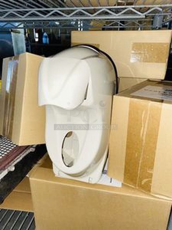 STACKED!! 3 Wide Shelves Loaded with New Libbey 6-1/2oz Wine Glasses, Hand-Free Paper Towel Dispenser, 7 New ULINE Foam Soap Dispenser, Cutlery, Caution Sign, ToGo Lids, Radiant Burner, Box of NEW NEVER USED Blue Sapphire Martini Glasses and More. NSF. Rack included. - Image 2 of 12