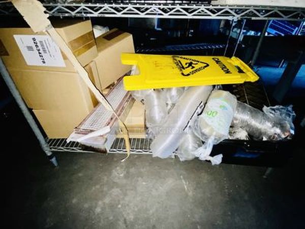 STACKED!! 3 Wide Shelves Loaded with New Libbey 6-1/2oz Wine Glasses, Hand-Free Paper Towel Dispenser, 7 New ULINE Foam Soap Dispenser, Cutlery, Caution Sign, ToGo Lids, Radiant Burner, Box of NEW NEVER USED Blue Sapphire Martini Glasses and More. NSF. Rack included. - Image 11 of 12