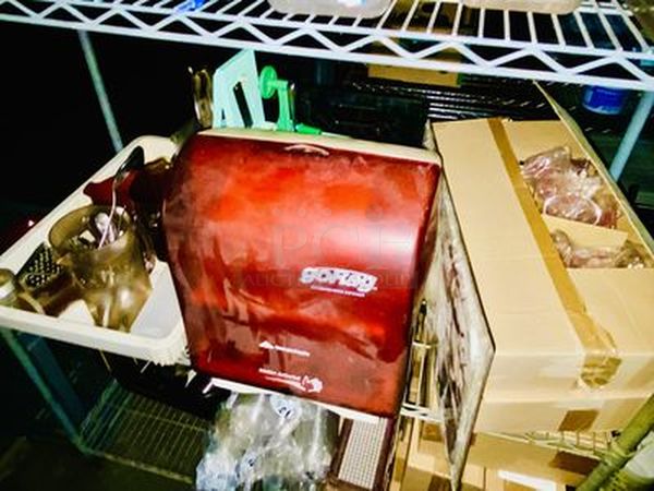 STACKED!! 3 Wide Shelves Loaded with New Libbey 6-1/2oz Wine Glasses, Hand-Free Paper Towel Dispenser, 7 New ULINE Foam Soap Dispenser, Cutlery, Caution Sign, ToGo Lids, Radiant Burner, Box of NEW NEVER USED Blue Sapphire Martini Glasses and More. NSF. Rack included. - Image 4 of 12