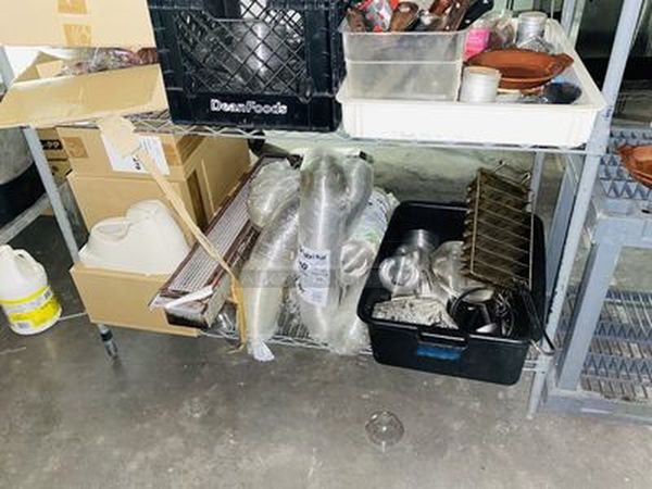 STACKED!! 3 Wide Shelves Loaded with New Libbey 6-1/2oz Wine Glasses, Hand-Free Paper Towel Dispenser, 7 New ULINE Foam Soap Dispenser, Cutlery, Caution Sign, ToGo Lids, Radiant Burner, Box of NEW NEVER USED Blue Sapphire Martini Glasses and More. NSF. Rack included. - Image 6 of 12