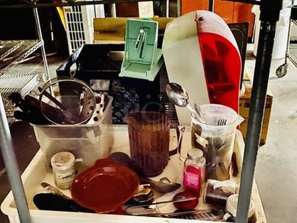 STACKED!! 3 Wide Shelves Loaded with New Libbey 6-1/2oz Wine Glasses, Hand-Free Paper Towel Dispenser, 7 New ULINE Foam Soap Dispenser, Cutlery, Caution Sign, ToGo Lids, Radiant Burner, Box of NEW NEVER USED Blue Sapphire Martini Glasses and More. NSF. Rack included. - Image 7 of 12