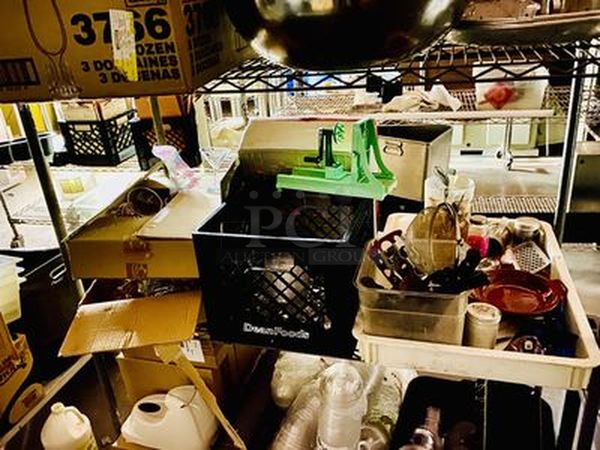 STACKED!! 3 Wide Shelves Loaded with New Libbey 6-1/2oz Wine Glasses, Hand-Free Paper Towel Dispenser, 7 New ULINE Foam Soap Dispenser, Cutlery, Caution Sign, ToGo Lids, Radiant Burner, Box of NEW NEVER USED Blue Sapphire Martini Glasses and More. NSF. Rack included. - Image 12 of 12