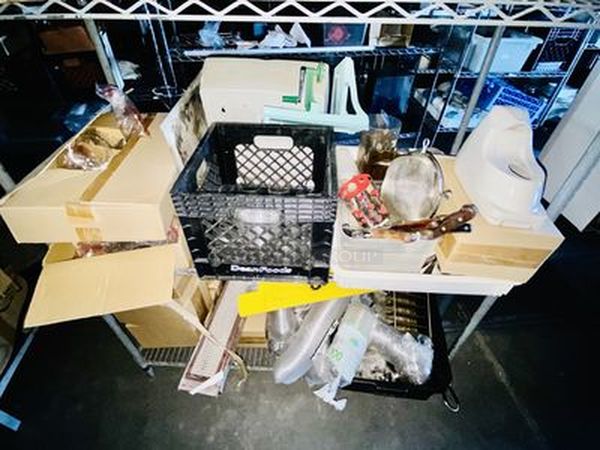 STACKED!! 3 Wide Shelves Loaded with New Libbey 6-1/2oz Wine Glasses, Hand-Free Paper Towel Dispenser, 7 New ULINE Foam Soap Dispenser, Cutlery, Caution Sign, ToGo Lids, Radiant Burner, Box of NEW NEVER USED Blue Sapphire Martini Glasses and More. NSF. Rack included. - Image 8 of 12