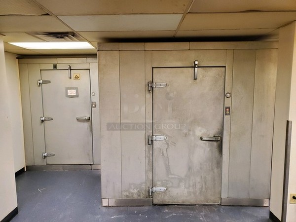 2 SWEET! Walk In Boxes That Make One Combo Box; 8'x11'x7.5' Walk In Cooler Box and 6.5'x6.5'x7.5' Walk In Freezer Box. Comes w/ Tecumseh Model AW613ET-099-J7 Compressor, Compressor, Model LET065BK Condenser and Model ADT090AKOLK Condenser. 2 Times Your Bid!