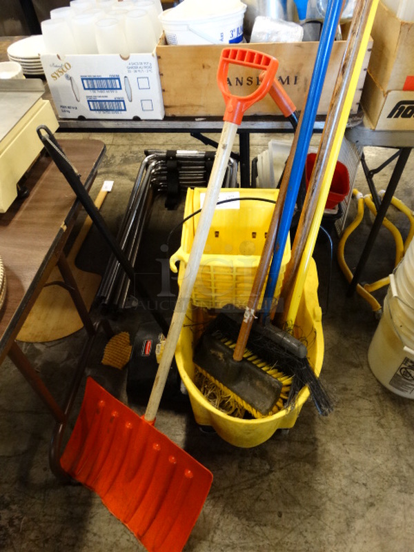 ALL ONE MONEY! Lot of Yellow Poly Mop Bucket, Mop, Broom, Dust Pan and Shovel! 15x22x36