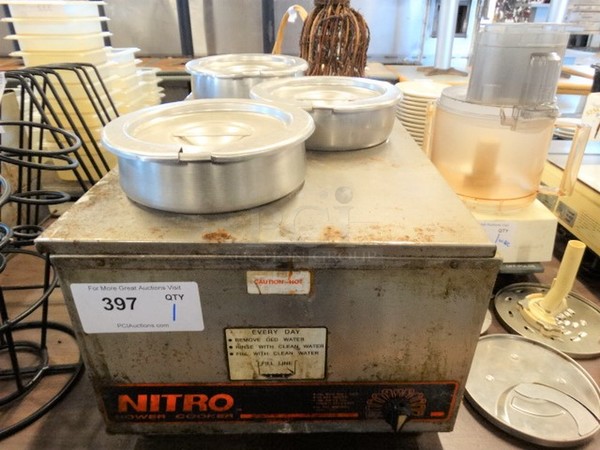 Nitro Stainless Steel Commercial Countertop Food Warmer w/ 3 Cylindrical Drop In Bins and 3 Lids. 14x22x13. Tested and Working!