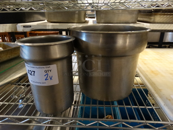 2 Various Stainless Steel Cylindrical Drop In Bins. 5.5x5.5x8, 9.5x9.5x8. 2 Times Your Bid!
