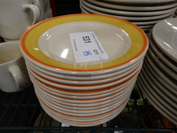 15 White Ceramic Plates w/ Yellow and Orange Rim. 8x8x1. 15 Times Your Bid!