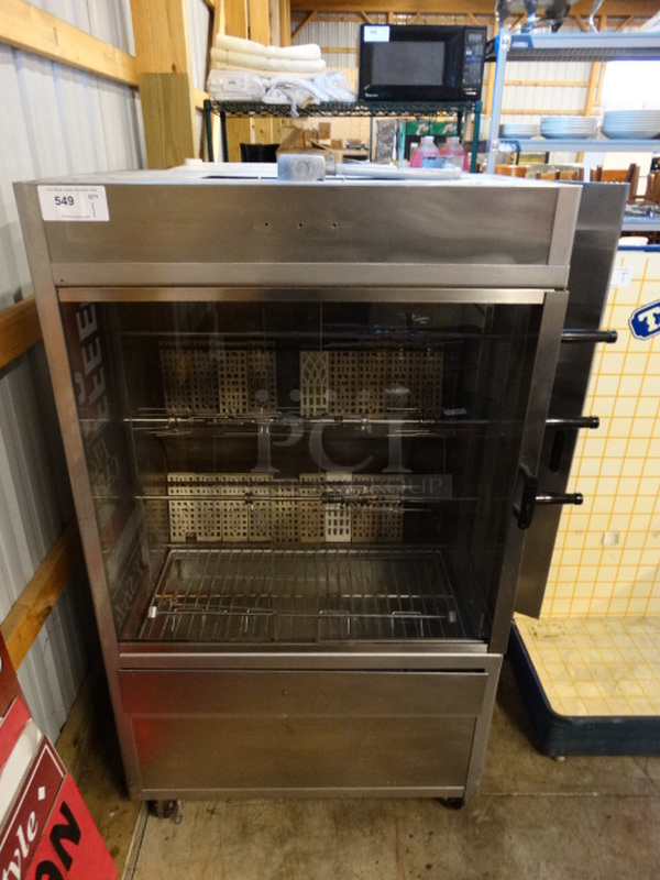BEAUTIFUL! Hickory Model N-3GR Stainless Steel Commercial Natural Gas Powered 3 Spit Rotisserie Oven on Commercial Casters. 40,000 BTU. 44x25x62