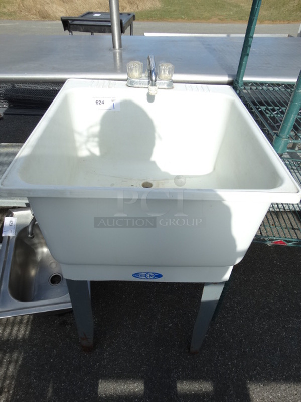 White Poly Single Bay Sink w/ Faucet and Handles on Metal Legs. 23x24x35