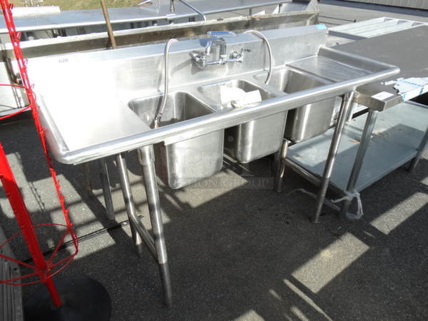 Stainless Steel Commercial 3 Bay Sink w/ Dual Drainboards, Faucet and Handles. 60x21x42. Bays 10x15x10. Drainboards 10x17x2