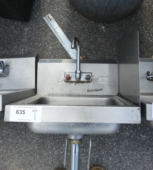 Stainless Steel Single Bay Wall Mount Sink w/ Right Side Splash Guard, Wall Mount Adapter, Faucet and Handles. 17x15x17