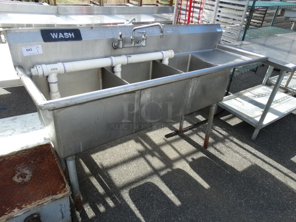 Stainless Steel Commercial 3 Bay Sink w/ Right Side Drainboard, Faucet and Handles. 74x24x44. Bays 18x18x12. Drainboards 17x20x2