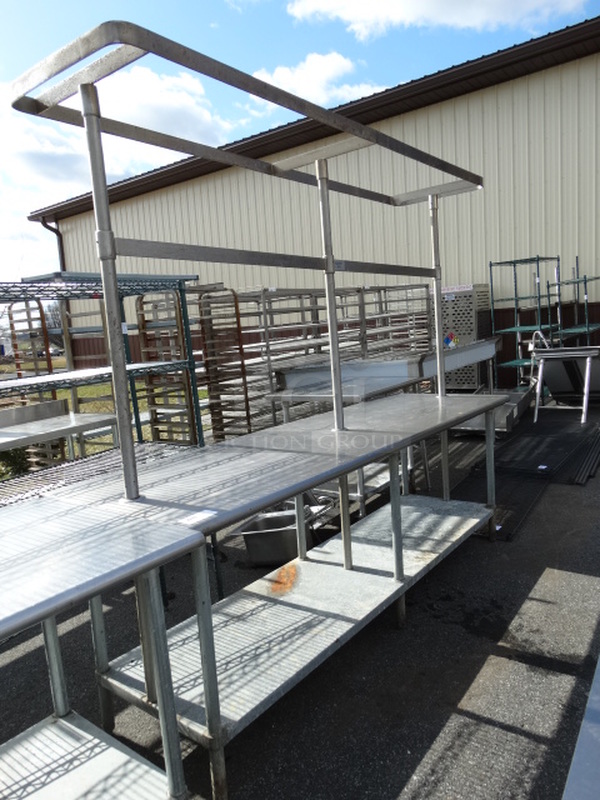 Stainless Steel Commercial Table w/ Attached Pot Rack and Undershelf. 96x30x83