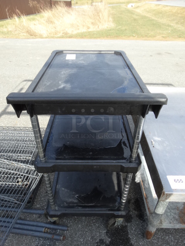 Black 3 Tier Cart w/ Push Handle on Commercial Casters. 18x30x35