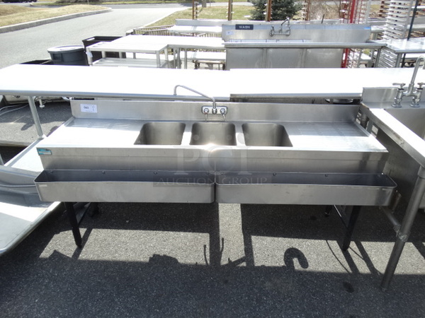 Stainless Steel Commercial 3 Bay Sink w/ Dual Drainboards, Speedwells, Faucet and Handles. 71x22x33. Bays 10x14x10. Drainboards 17x16x1