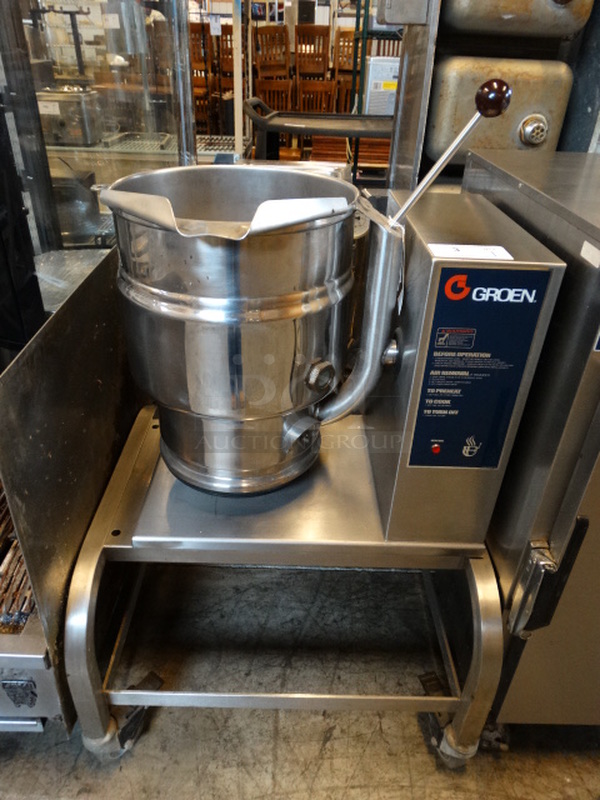FANTASTIC! 2002 Groen Model TDB-20 Stainless Steel Commercial 20 Quart Electric Powered Tilting Kettle on Stand. 208 Volts, 3 Phase. 28x28x46