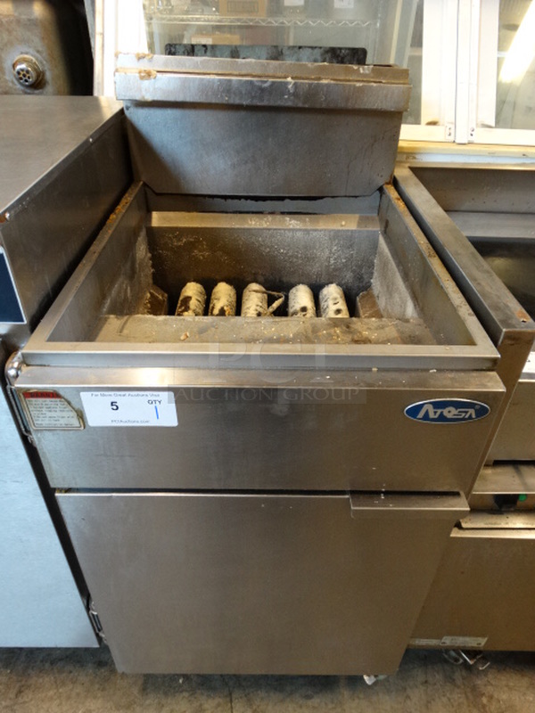 SWEET! Atosa Model ATFS-75 Stainless Steel Commercial Natural Gas Powered 75 Pound Capacity Deep Fat Fryer on Commercial Casters. 170,000 BTU. 21x32x45