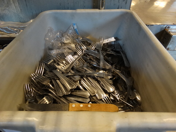 ALL ONE MONEY! Lot of Various Silverware in Bus Bin! 21x15.5x7